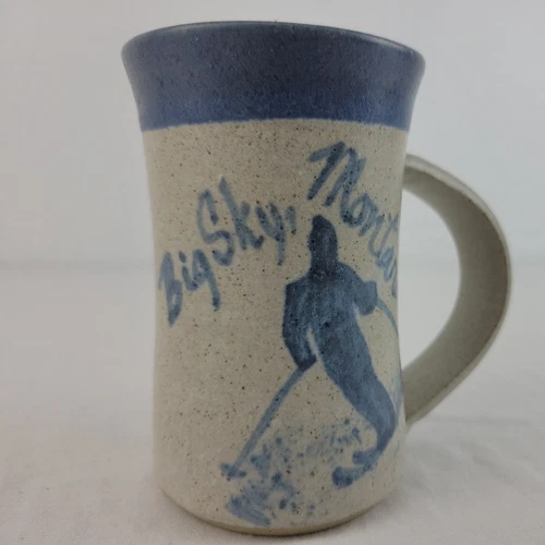 Montana Handmade Mug Studio Pottery Art Big Sky Coffee Tankard Blue Skiier Vtg