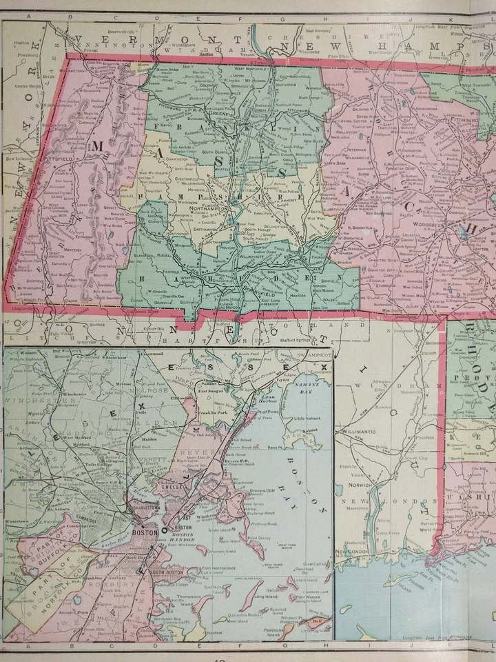 Mapa de colección 1902 de Massachusetts Rhode Island 22"x14" antiguo original Boston Foto 2 de 4