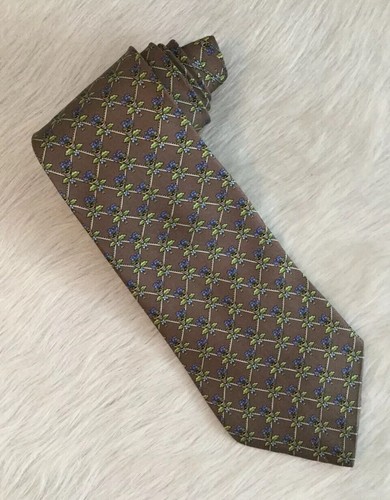 Corbata de seda para hombre Salvatore Ferragamo marrón con flores azules en macetas ITALIA - ¡USADA EN EXCELENTE ESTADO! - Imagen 2 de 5