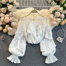 Ruffle Lace Women Shirt Tops Puff Sleeve Mesh Splice Chiffon Blouse Frill