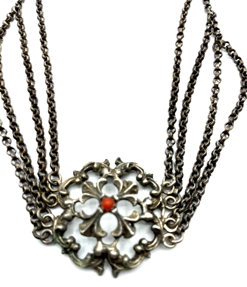 Antik 800 Silber Kropfkette Koralle Trachtenschmuck Halskette Collier Landhaus - Bild 2 von 4