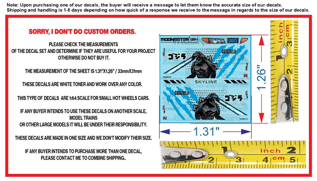 White Toner 1/64 Water Slide Decal Set Nissan Skyline Godzilla For