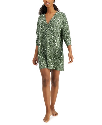 Jenni Women's Soft Knit V-Neck Sleepshirt, Green Leopard Animal Print, XL