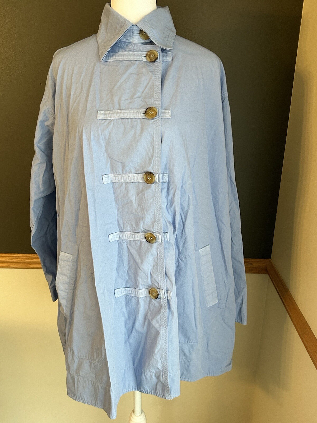 Yacco Maricard Blue Lagenlook Cotton Jacket Blouse Tunic Size 2 Medium
