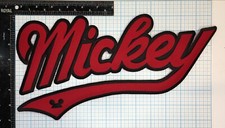 VINTAGE MICKEY MOUSE DISNEY CARTOON 13.5  IRON ON PATCH RED  BLACK SCRIPT