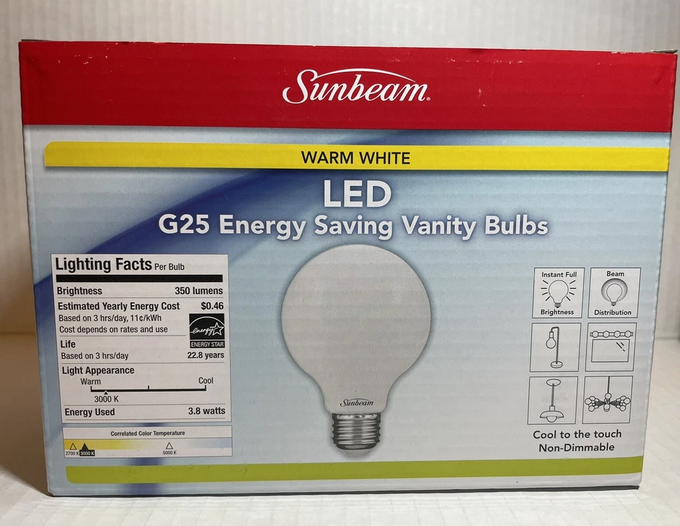 Lâmpadas de vaidade globo LED G25 Sunbeam (2-PACK) 3,8 watts (= 40 watts) - Branco quente - Imagem 2 de 4