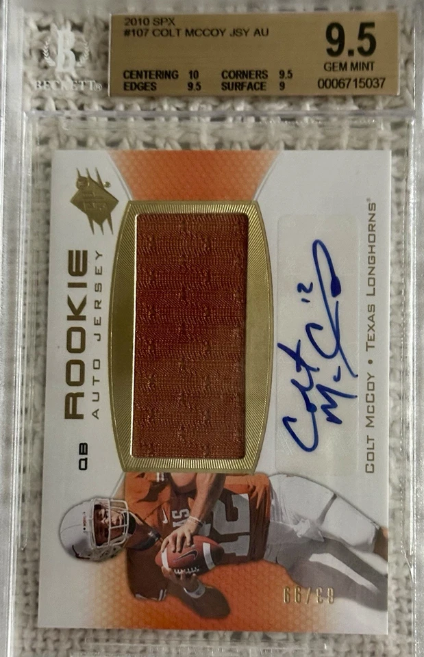 Colt McCoy Rookie Card 2010 SPX Patch Autograph Jersey  BGS 9.5 GEM MINT # 83/99 - Image 3 of 4