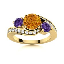 5MM Round Shape Citrine 925 Sterling Silver Gold Plated Three Stone Women Ring