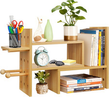 Desktop Bookshelf & Organiser, Adjustable Wood Desk Organizer Shelf Rack, Small
