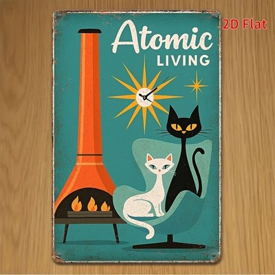 Vintage Atomic LIVING Cat Funny Tin Metal Signs Home Décor 8x12