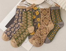 Vintage Floral Textured, Retro Style Socks, Mid Calf For Women 5 Pairs
