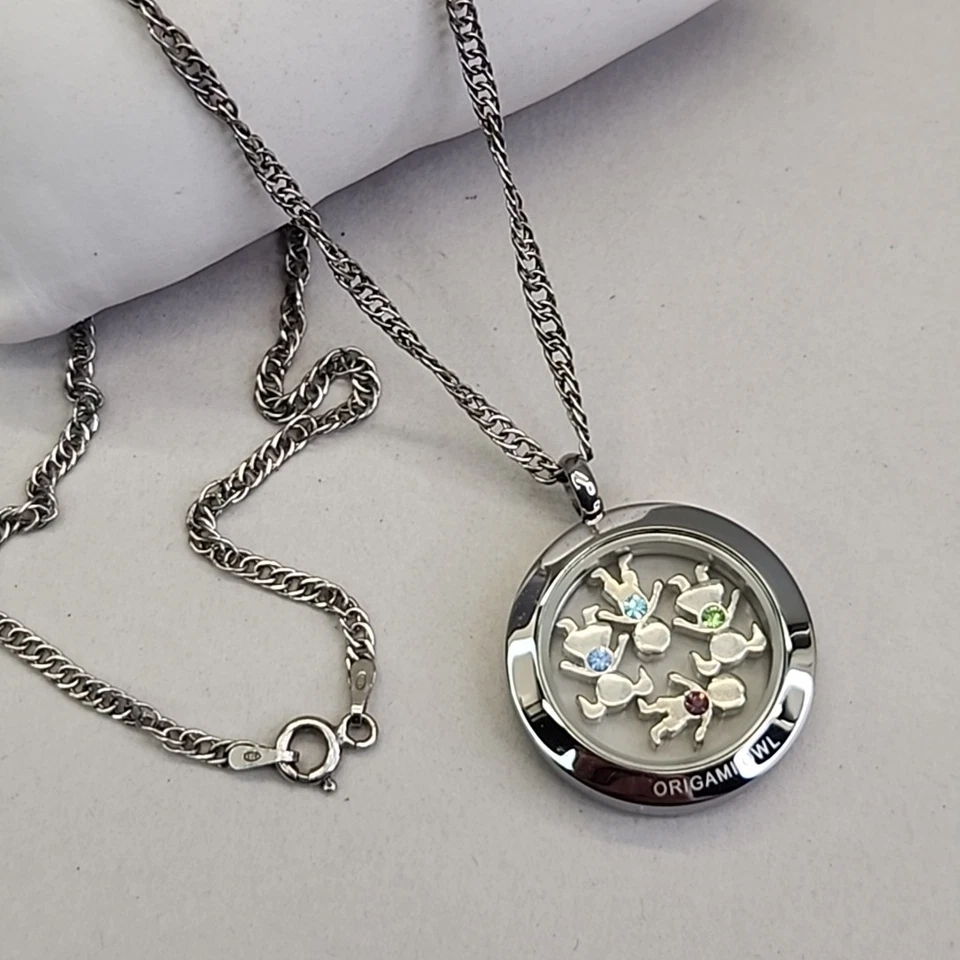 Collar Medallón Origami Búho Tono Plata Cuatro Dijes Cadena Plata Esterlina 18" Foto 3 de 4