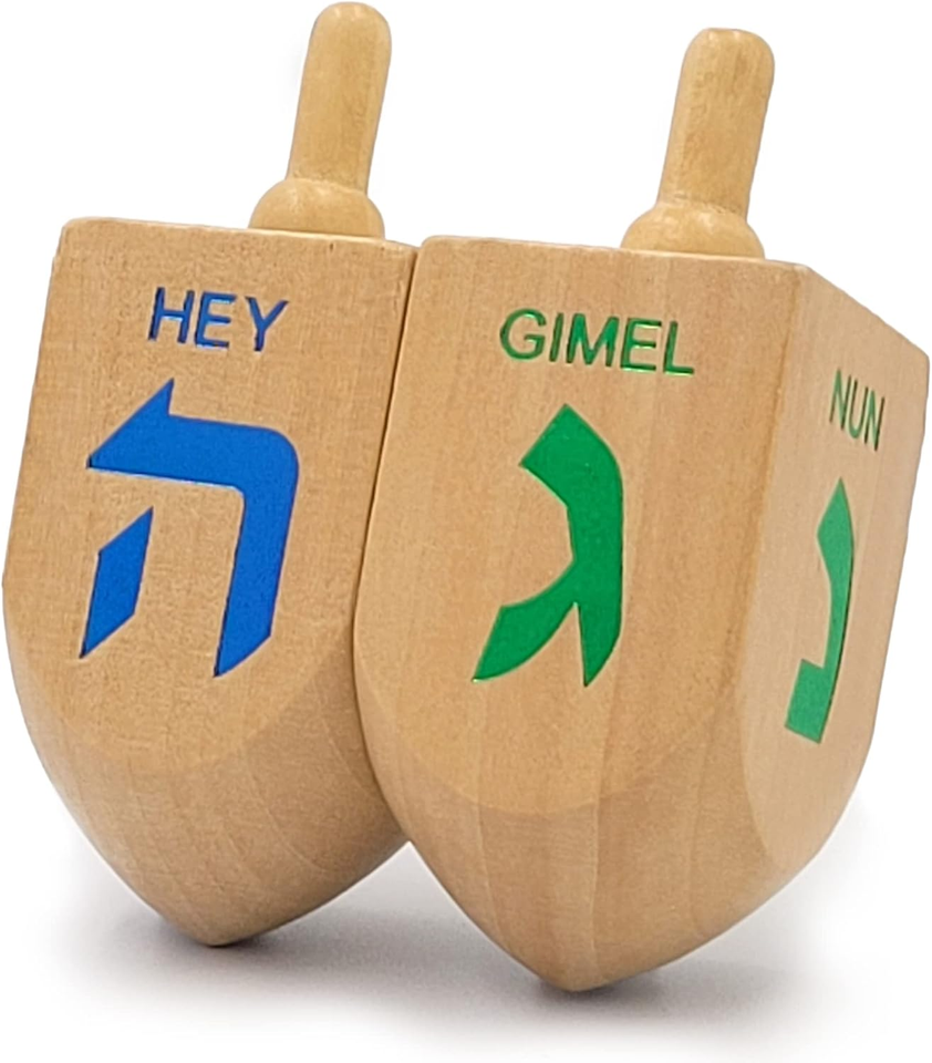 Let's Play Dreidel - Set Di 2 Dreidel In Legno Extra Large Da 7,6 Cm - Gioco Di Hanukkah Con Istruzioni