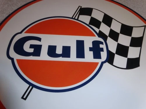 VINTAGE GULF RACING FLAG 12" PORCELAIN METAL GASOLINE & OIL SERVICE STATION SIGN
