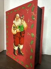 Vintage Christmas Santa Handmade Painted Wooden Multi Purpose Box Brass Closure