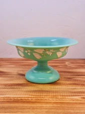 French Antique Opaline Glass Green Compote Vase Textured Floral Hand Painted 6"