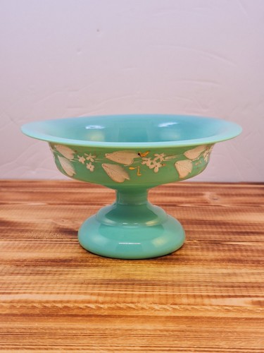 French Antique Opaline Glass Green Compote Vase Textured Floral Hand Painted 6" - Picture 1 of 9