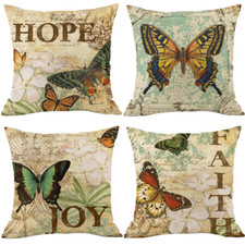 4 PCS Rustic Flower and Bird Print Cute Butterfly Linen Throw Pillow Cover