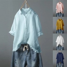 Chemise À Manches Courtes En Lin Pour Femmes Boutonnée Avec Ourlet Froncé Ample