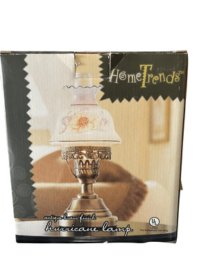 NEW Home Trends Wind Hurricane Glass Lamp 15'' Floral with Antique Brass Finish