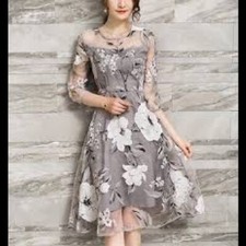 Elegant Chiffon Illusion Overlay Evening Dress | Grey / Ivory Floral Detailing