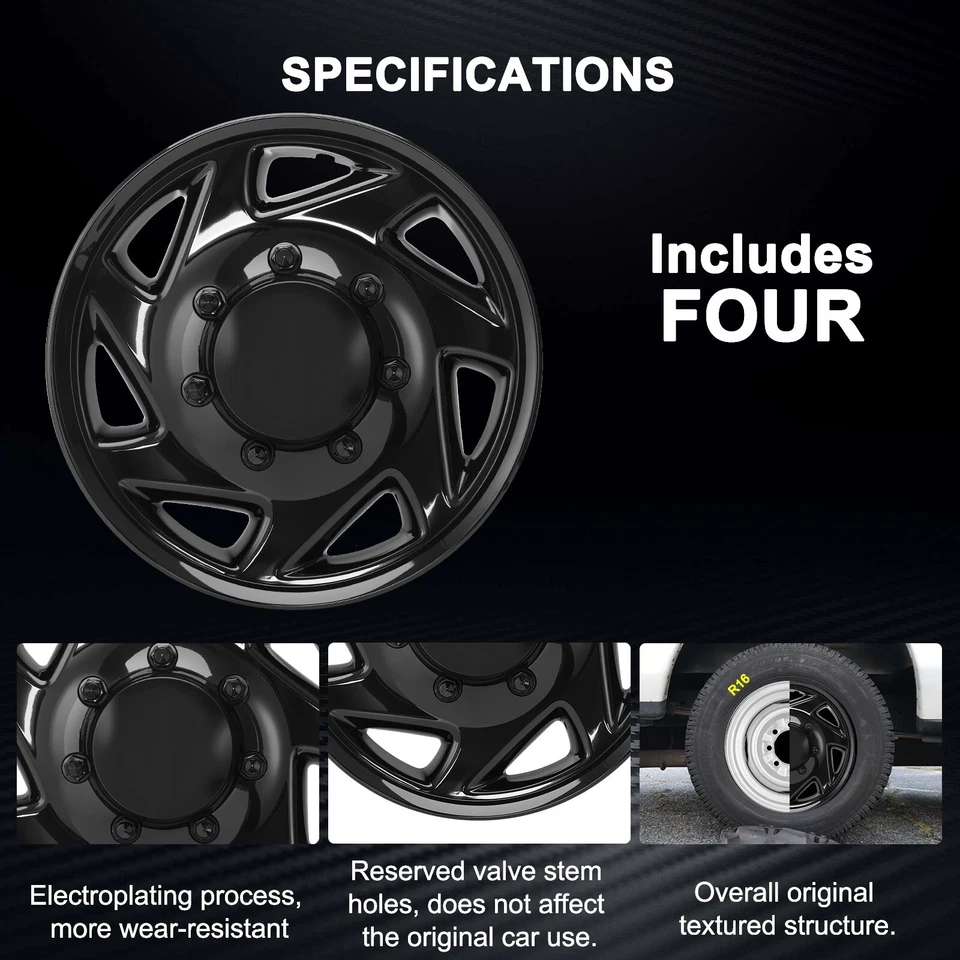 Hubcaps for 1992-2014 Ford E150 E250 E350 Van; Glossy Black; 16 inch; 4Pcs - Изображение 4 из 4