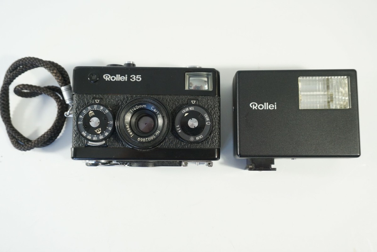 Rollei 35 Black 35mm Camera w/ 40mm f3.5 Carl Zeise Lens + Flash