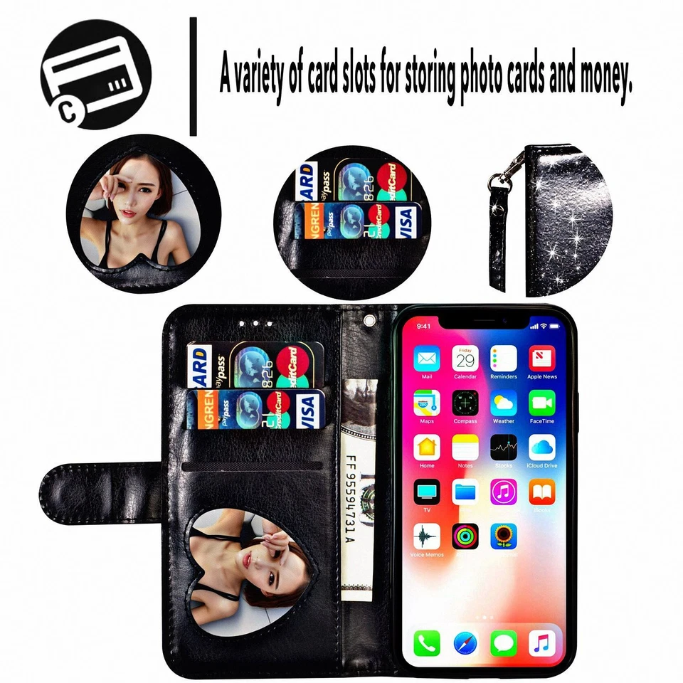 Glitter Bling Leather Zipper Wallet Case For iPhone 14 Air 17 Pro Max 13/12/11/7 - Image 3 of 4