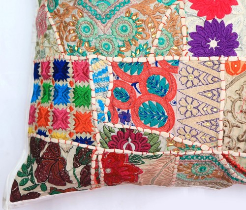 24" Khambadia Indian Embroidered Patchwork Cushion Cover Pillow Sham Throw White - Picture 2 of 6