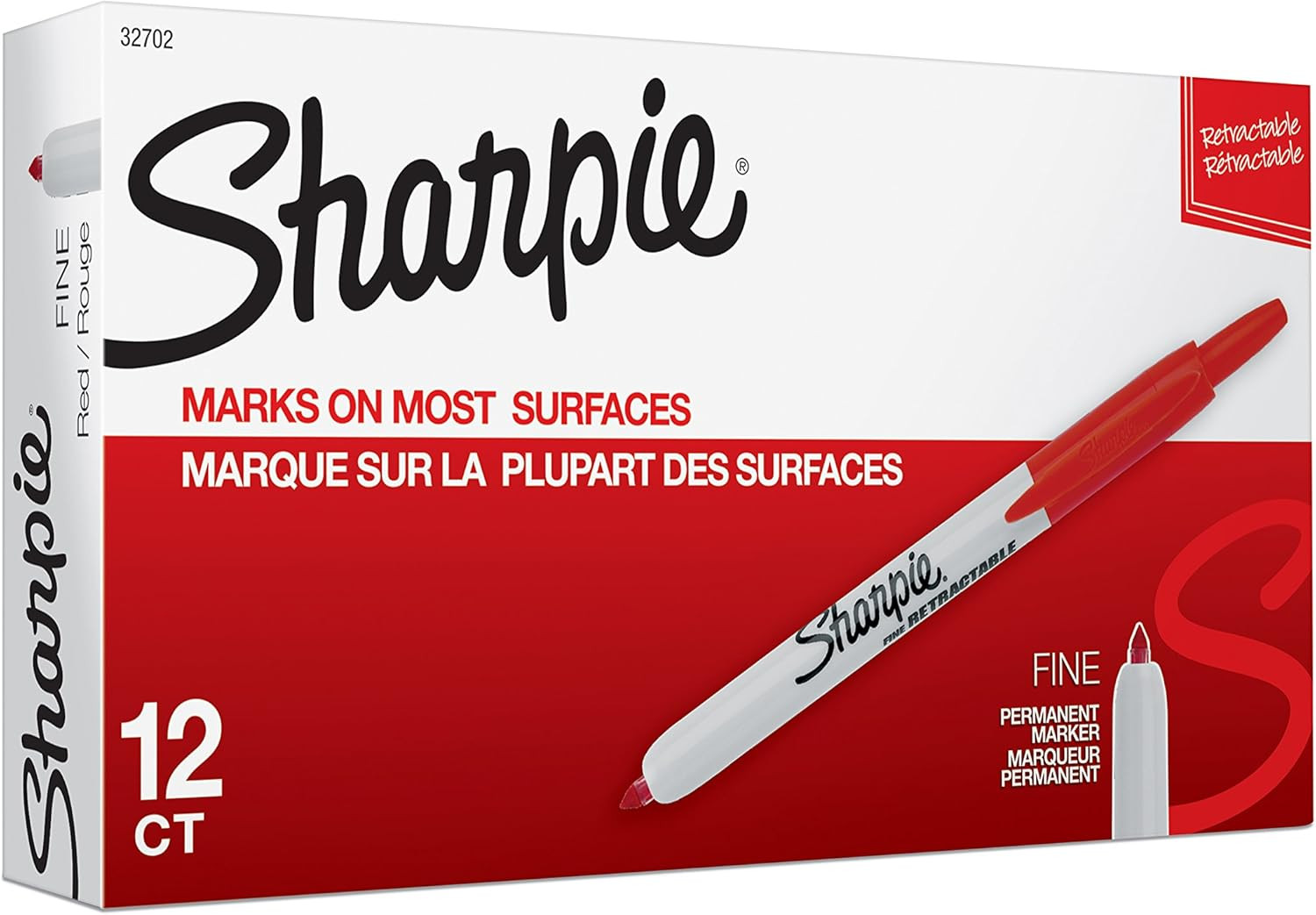 32702 Retractable Permanent Markers, Fine Point, Red, 12 Cou