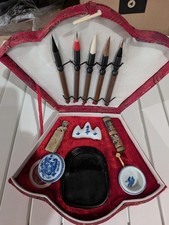 Vintage Chinese Calligraphy Set Ink Stone Bru...