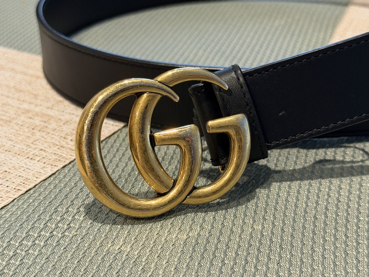 Gucci GG Marmont Belt Black Leather Gold Double G Buckle 