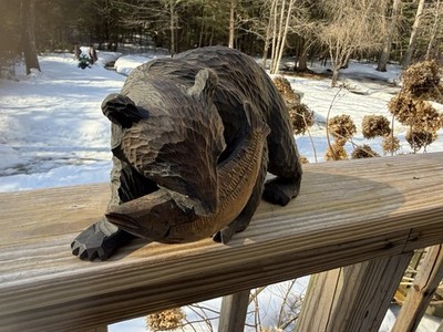 Hand Carved Wood Bear Hokkaido Mingei Salmon Japanese Folk Craft 7  Vintage
