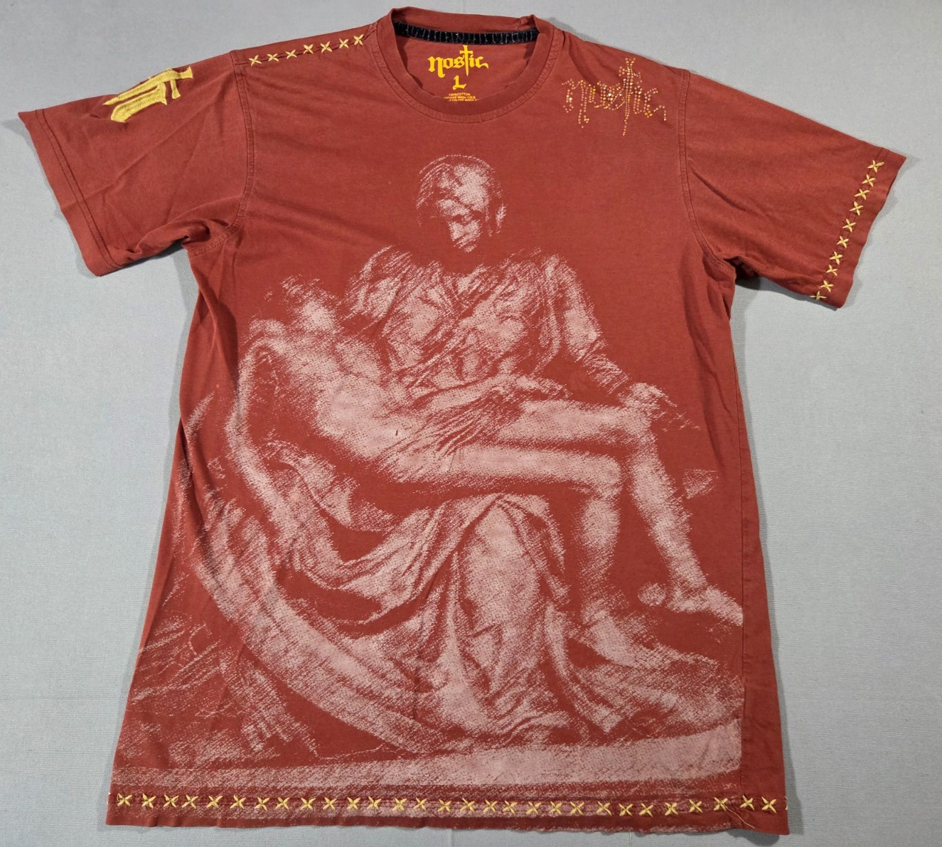 Nostic Mens Large Brown Pieta Graphic T Shirt Studded Distressed Cotton Tee