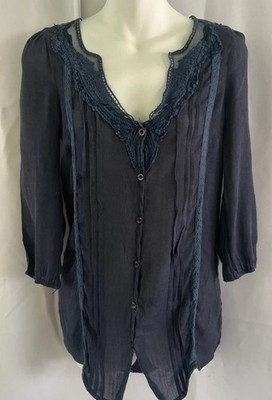Sheer Navy Blue Blouse BOHO Women s  Button Front Top Sz Med
