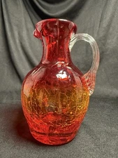 Amberina Crackle Glass Red Yellow Orange Mini Pitcher W/ Clear Ribbed Handle