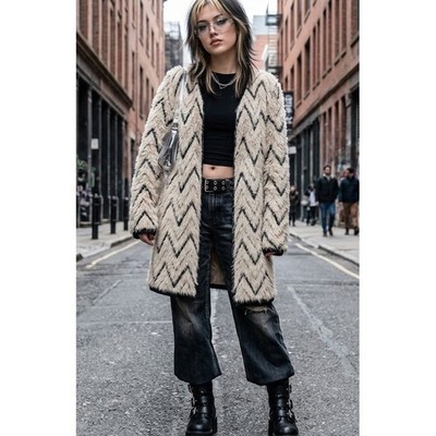 Vtg Y2K MISS CHARM PARIS S Shag Faux Fur Duster Cardigan Grunge Rock Boho