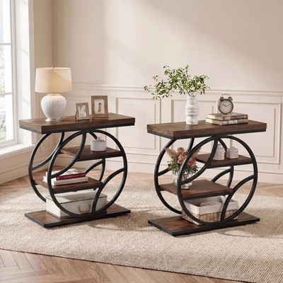2Pcs Narrow End Table 4-Tier Shelf Industrial Nightstand Geometric Metal Frame