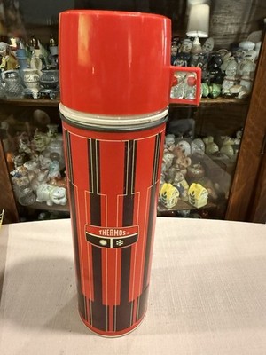 Vintage King Sealey Thermos Metal Vacuum Bottle Red Black Geometric Pattern