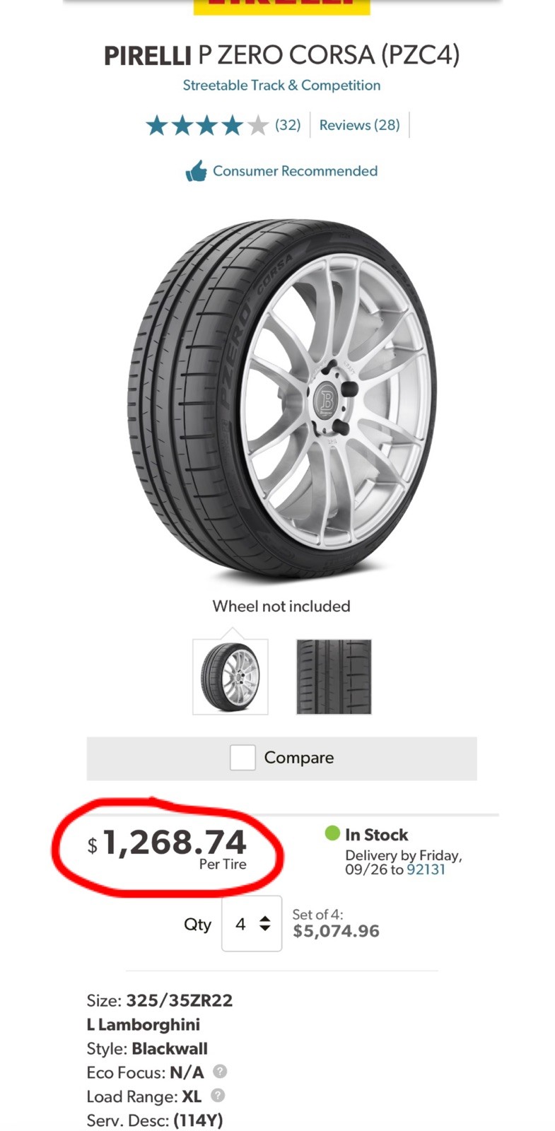 TWO BRAND NEW 325/35ZR22 (114Y) Pirelli P Zero Corsa PZC4 L Lamborghini Tires