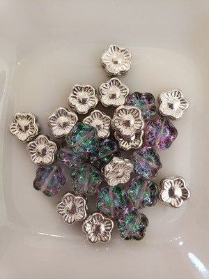 Czech Flowers 10x10mm Silver Pink Green Crystal  24 Pc. (CZ1-13)