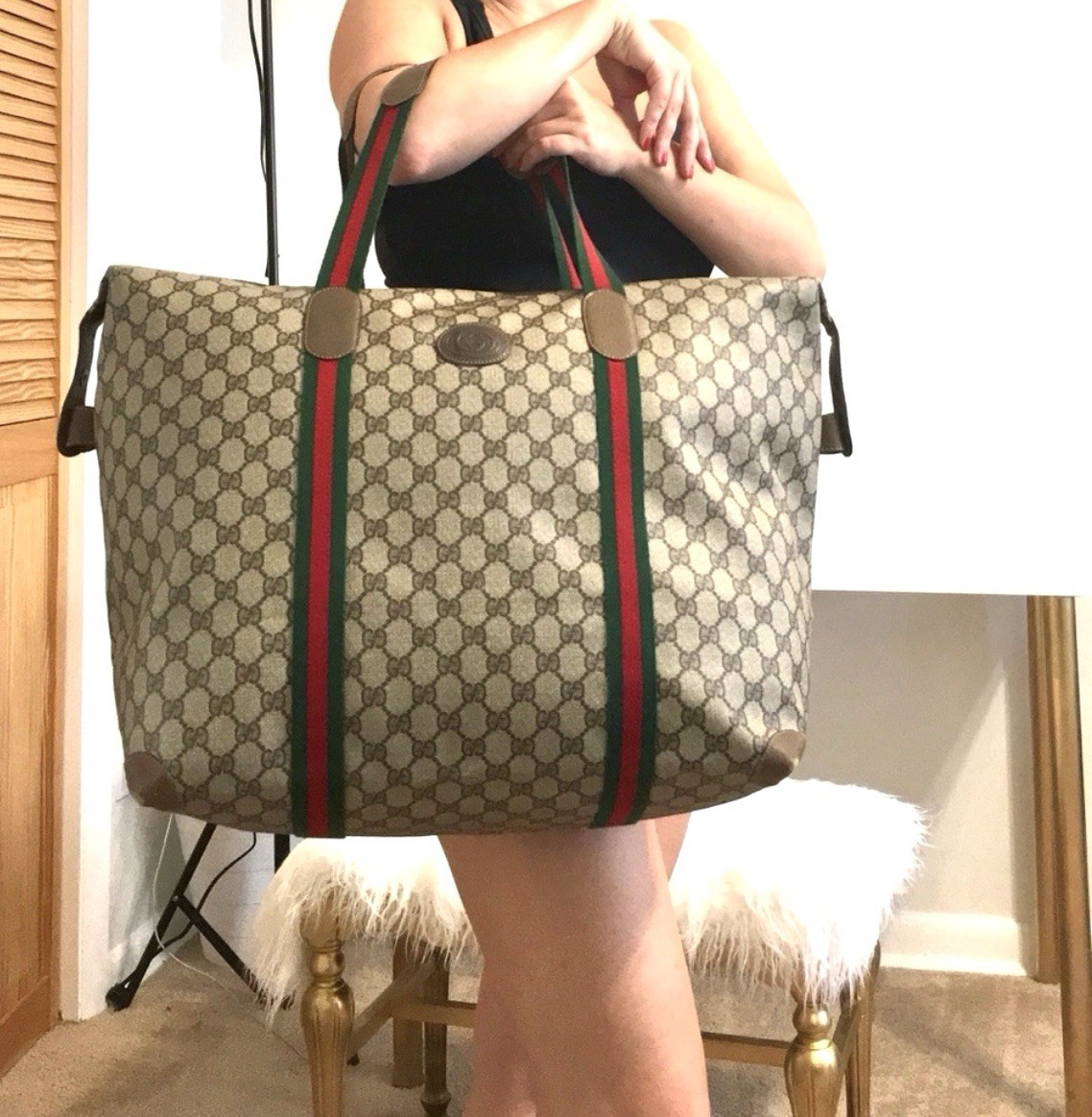 GUCCI Authentic Large Tote Bag Travel Duffle Bag Brown Monogram Canvas thumbnail 2