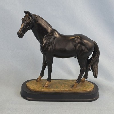 Vintage Black Horse Figurine Statue Mounted on Wood Base Made in China