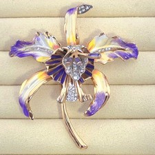 Vintage Corocraft Sterling Orchid Brooch Enameled Pave Rhinestones