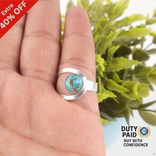 Valentines Deal Round Blue Copper Turquoise Stone 925 Sterling Silver Band Ring