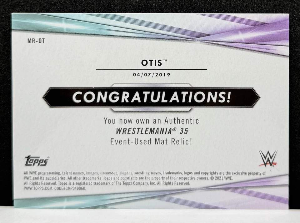 Rare Otis 2021 Topps WWE Wrestlemania 35 Event-Used Mat Relic BLACK #d 4/5 SSP - Image 2 of 2