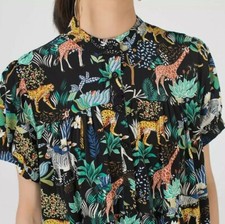 Schwarz Arty Zebra Giraffe botanisches Design Damen locker fließend Midikleid 10 12