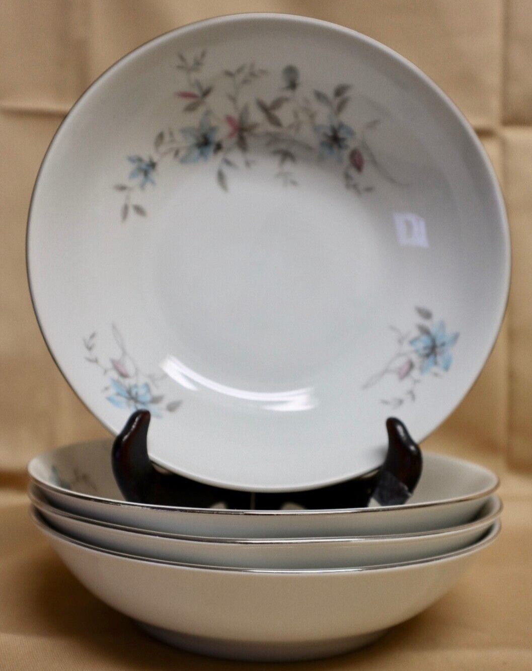 26pc Royal Heiden Society China Platinum Trim Blue Pink FlowersPlates