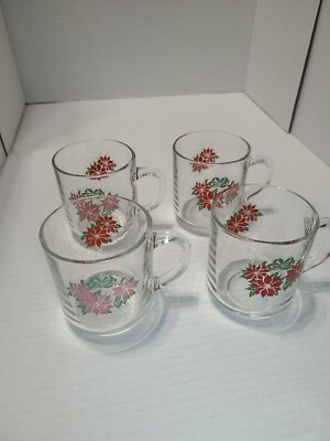 Vintage Luminarc Poinsettia Basket Clear Glass Christmas Coffee Cups Set of Four