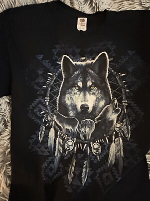 VTG 90 s Native Inspired Wolf Screen Print Large Tee Shirt Fruit of the Loom